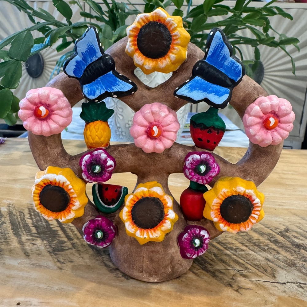 Mexican Tree of Life Pottery Sculpture Sunflowers Butterflies Fruit Folk Art 6"